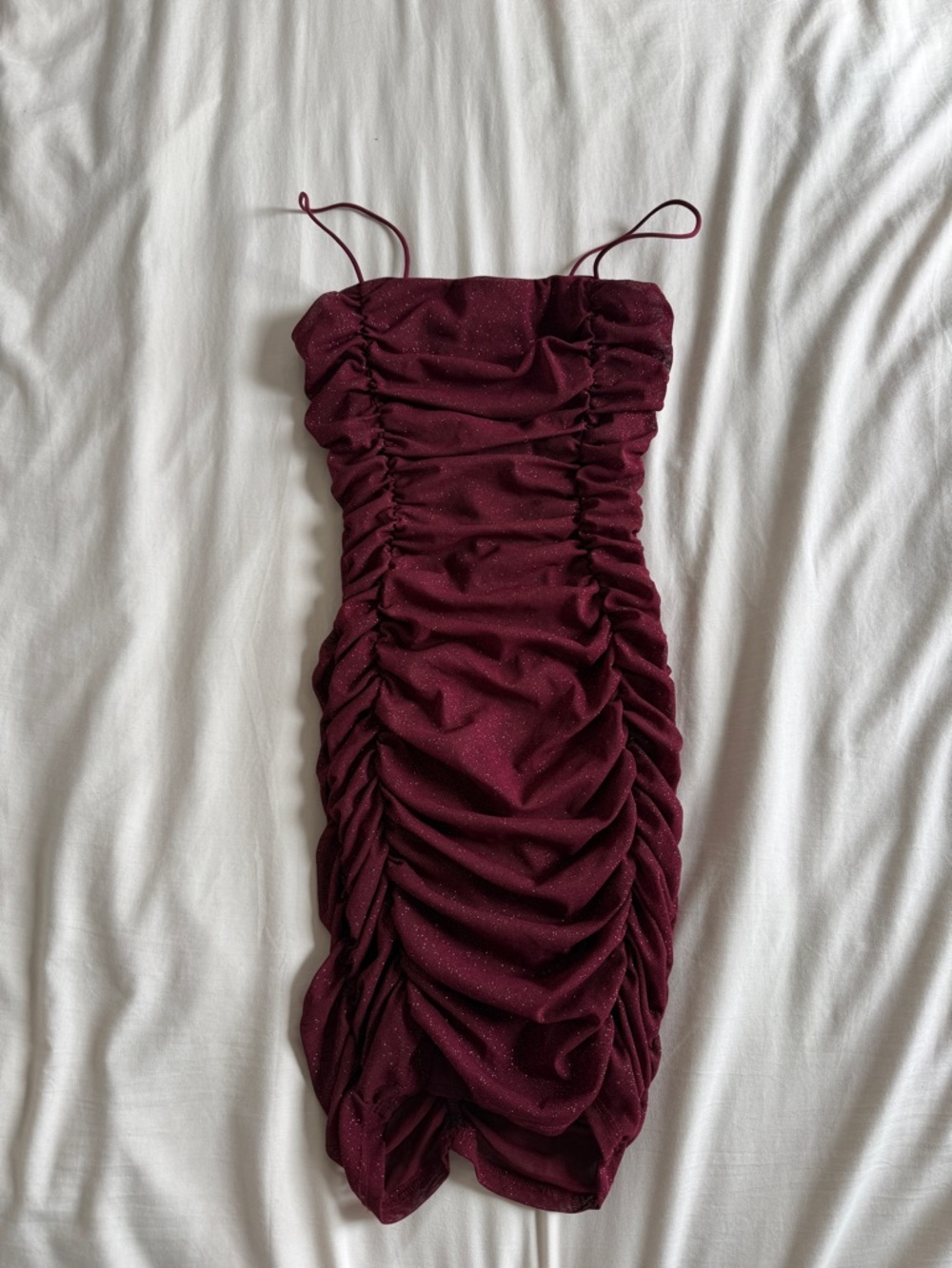 Burgundy Ruched Spaghetti-Strap Mini Dress